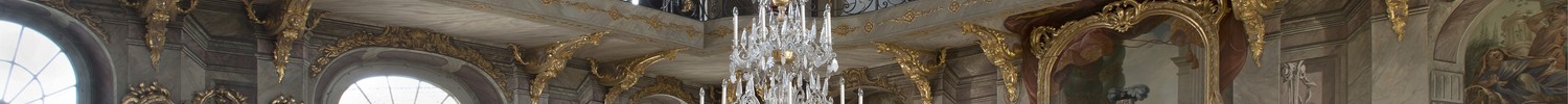Blick in den Festsaal des Erbdrostenhofes mit großem Kronleuchter, Gemälden und der bemalten Decke